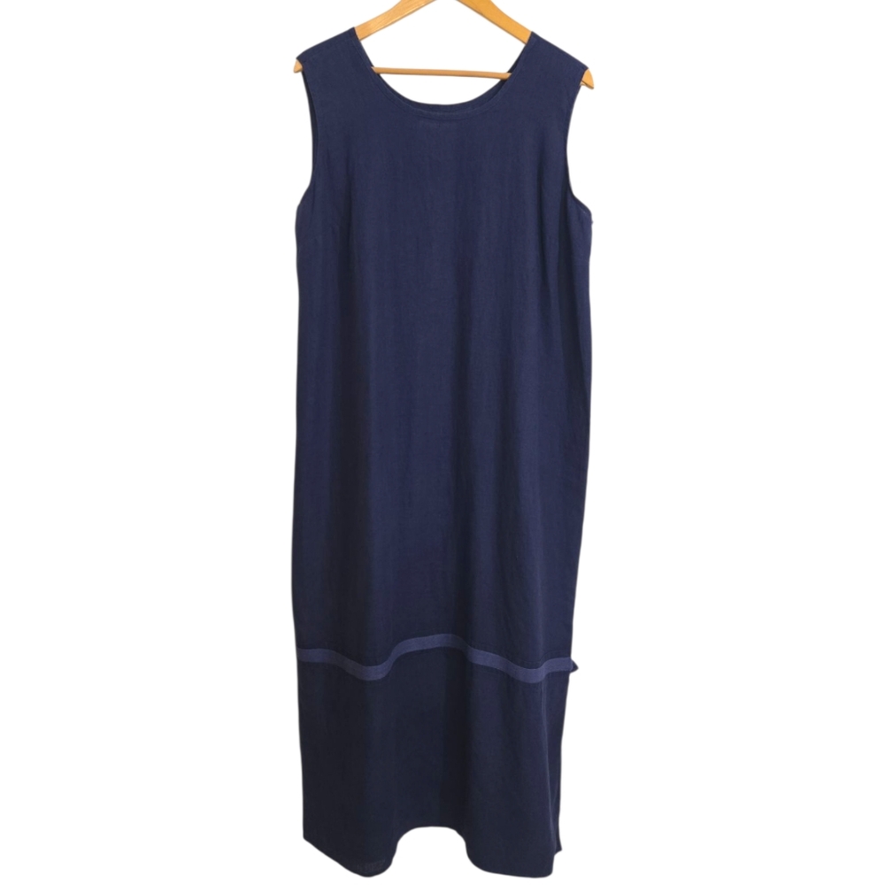FLAX 100% Linen Maxi Dress L Blue Sleeveless Lagenlook Coastal Quiet Luxury Slit